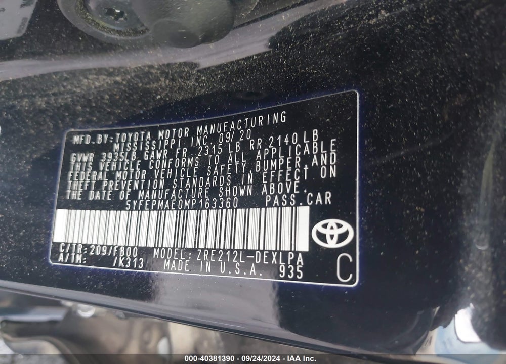 2021 TOYOTA COROLLA LE VIN: 5YFEPMAE0MP163360