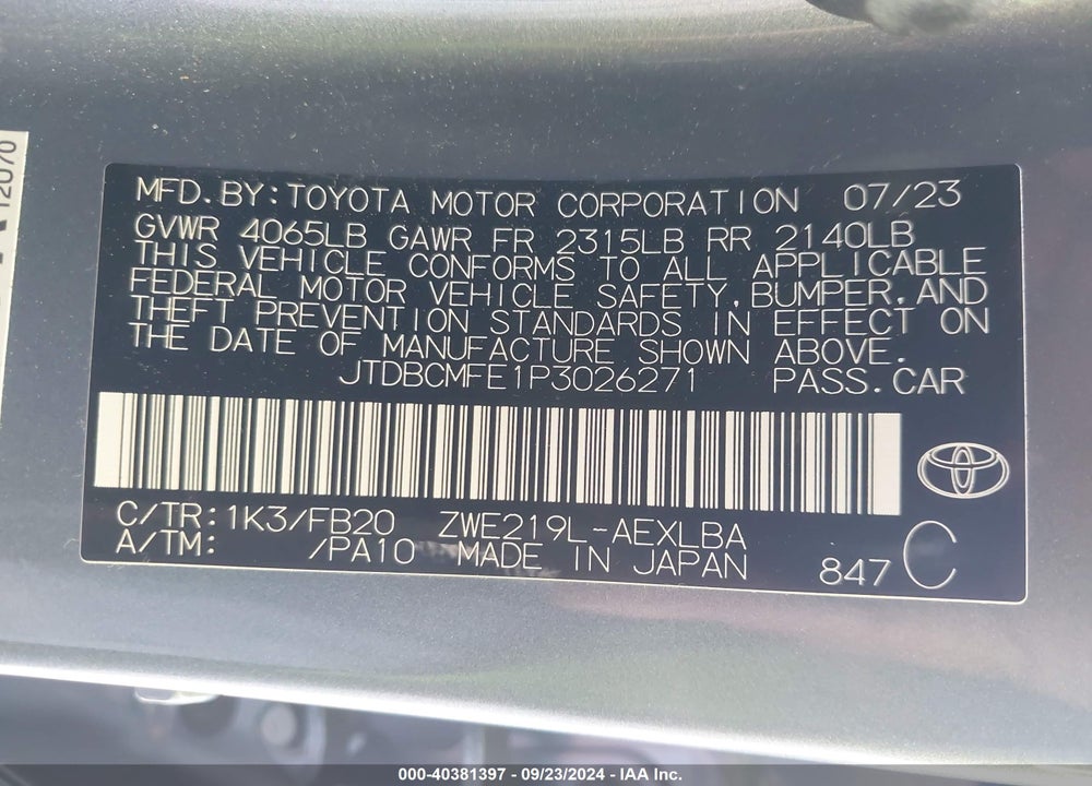2023 TOYOTA COROLLA HYBRID LE VIN: JTDBCMFE1P3026271