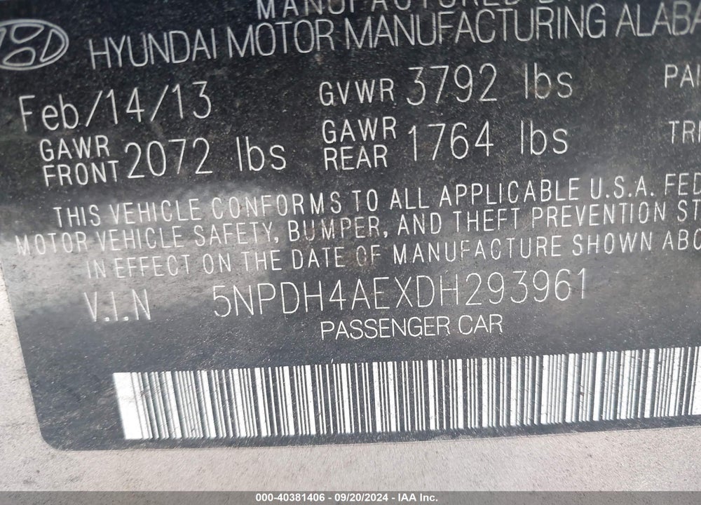 2013 HYUNDAI ELANTRA GLS VIN: 5NPDH4AEXDH293961