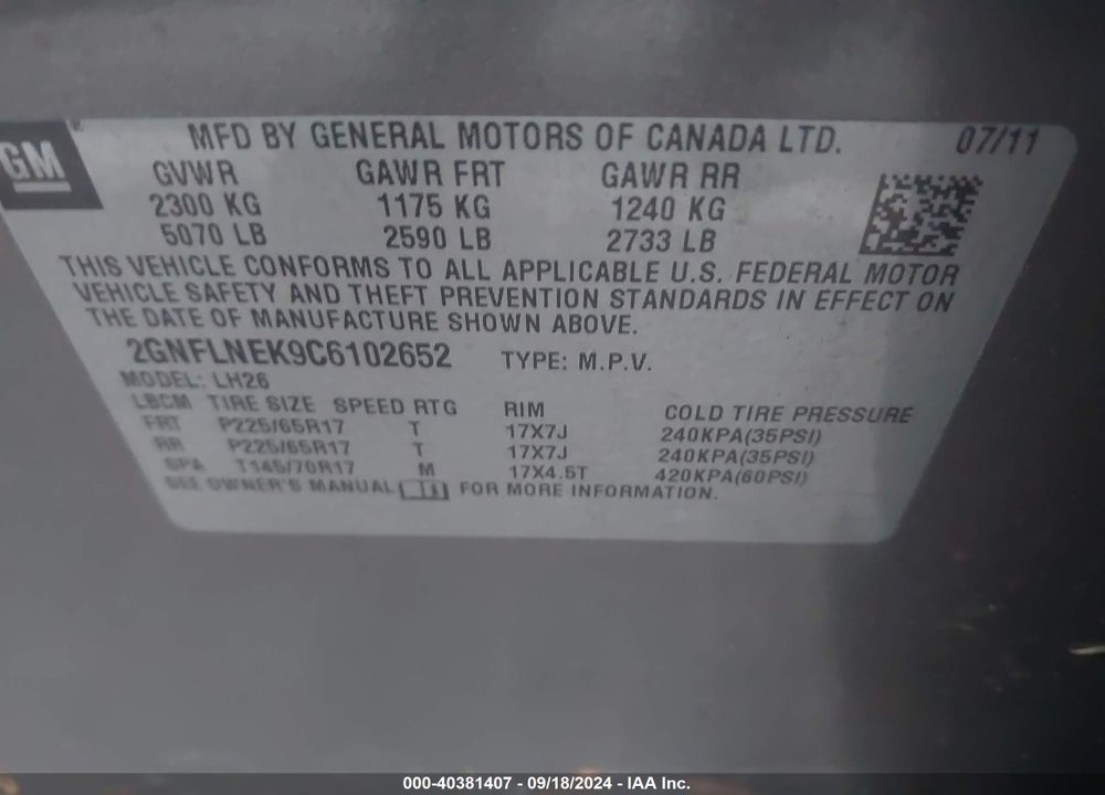 2012 CHEVROLET EQUINOX 2LT VIN: 2GNFLNEK9C6102652