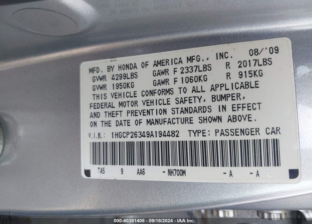 2009 HONDA ACCORD 2.4 LX VIN: 1HGCP26349A194482