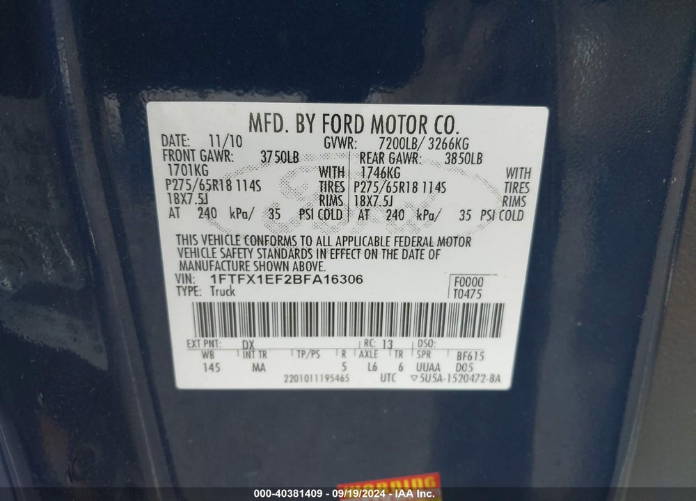2011 FORD F-150 XLT VIN: 1FTFX1EF2BFA16306