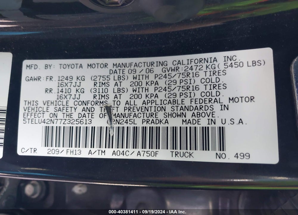 2007 TOYOTA TACOMA BASE V6 VIN: 5TELU42N77Z325613