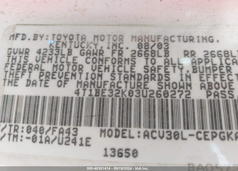 2003 TOYOTA CAMRY XLE VIN: 4T1BE32K03U260272