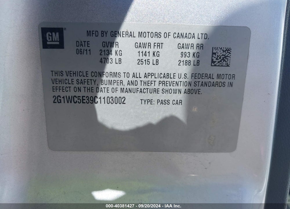 2012 CHEVROLET IMPALA LTZ VIN: 2G1WC5E39C1103002