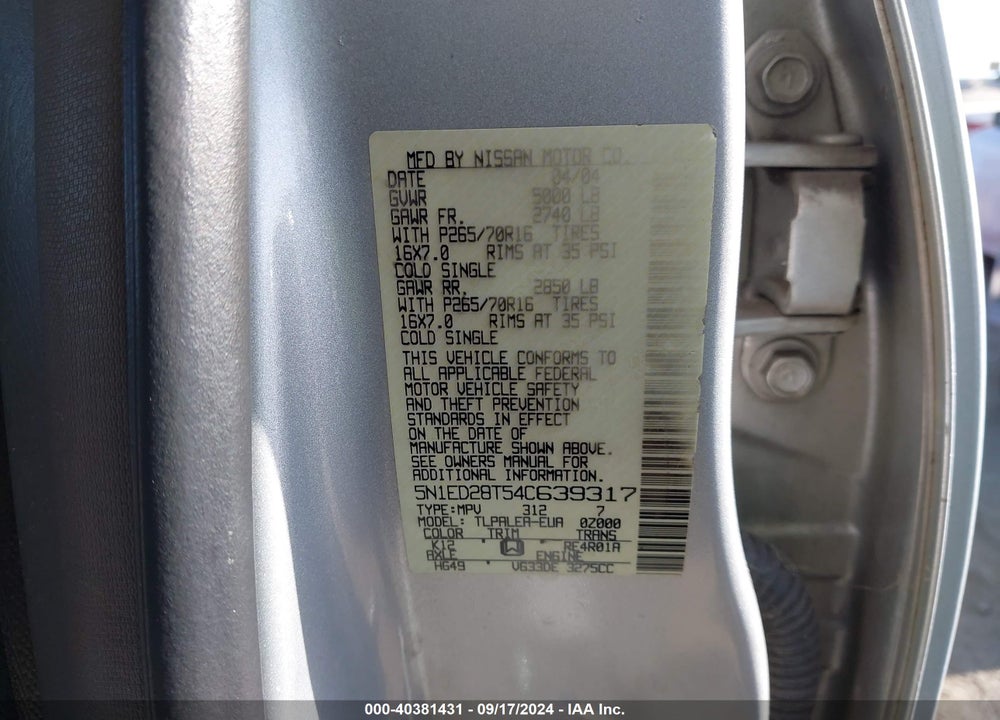 2004 NISSAN XTERRA XE VIN: 5N1ED28T54C639317