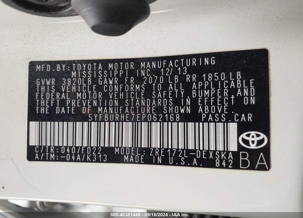 2014 TOYOTA COROLLA S PLUS VIN: 5YFBURHE7EP062168