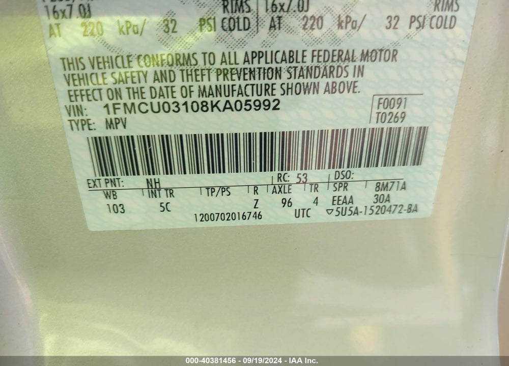 2008 FORD ESCAPE XLT VIN: 1FMCU03108KA05992
