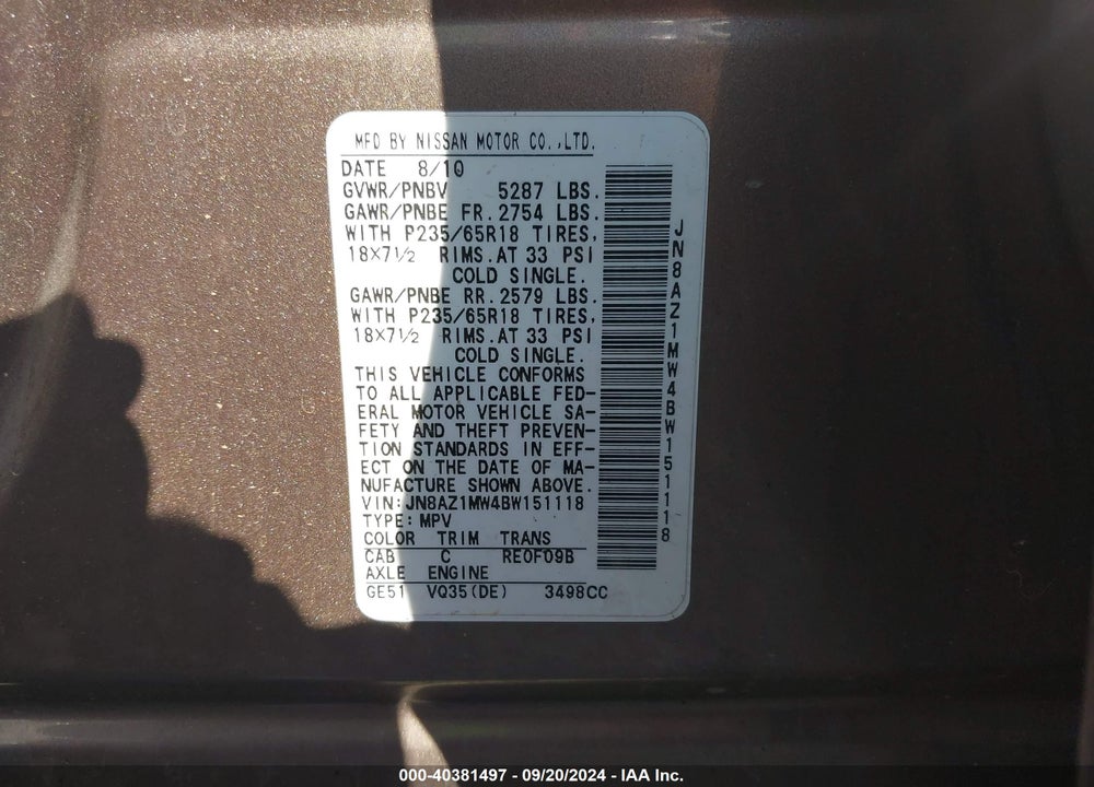 2011 NISSAN MURANO SL VIN: JN8AZ1MW4BW151118