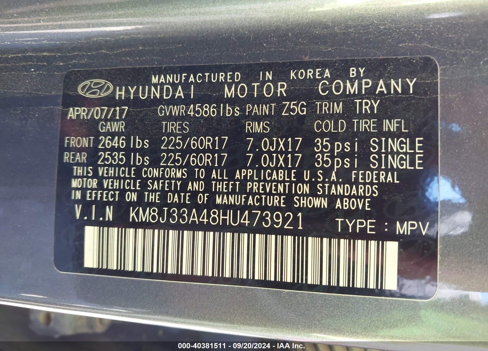 2017 HYUNDAI TUCSON SE PLUS VIN: KM8J33A48HU473921