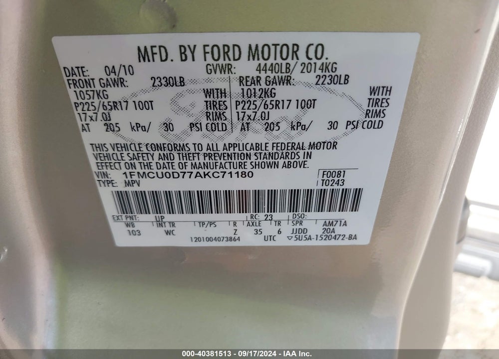 2010 FORD ESCAPE XLT VIN: 1FMCU0D77AKC71180