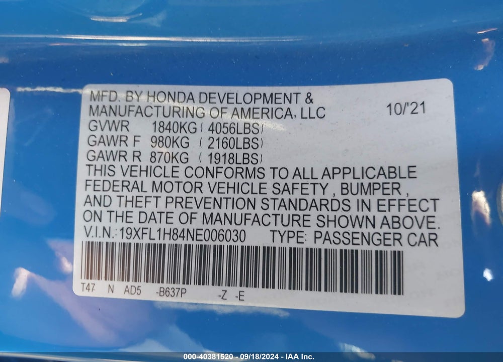 2022 HONDA CIVIC SPORT TOURING VIN: 19XFL1H84NE006030