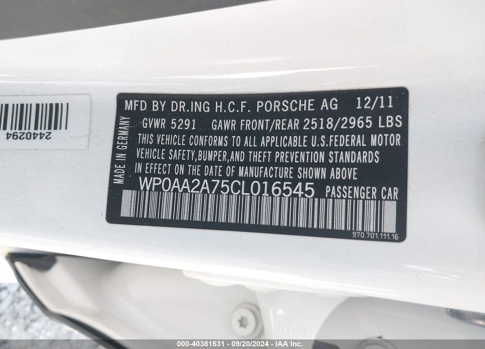 2012 PORSCHE PANAMERA 4 VIN: WP0AA2A75CL016545