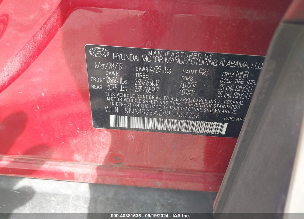 2019 HYUNDAI SANTA FE SE VIN: 5NMS23AD8KH107256