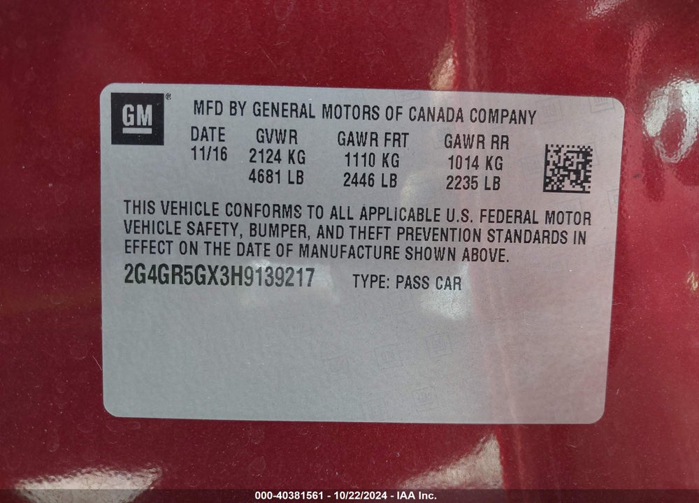 2017 REGAL BUICK  TURBO PREMIUM II VIN: 2G4GR5GX3H9139217