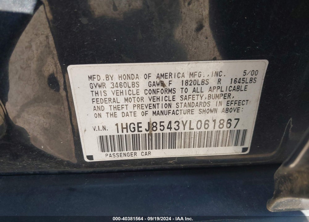 2000 HONDA CIVIC EX VIN: 1HGEJ8543YL061867