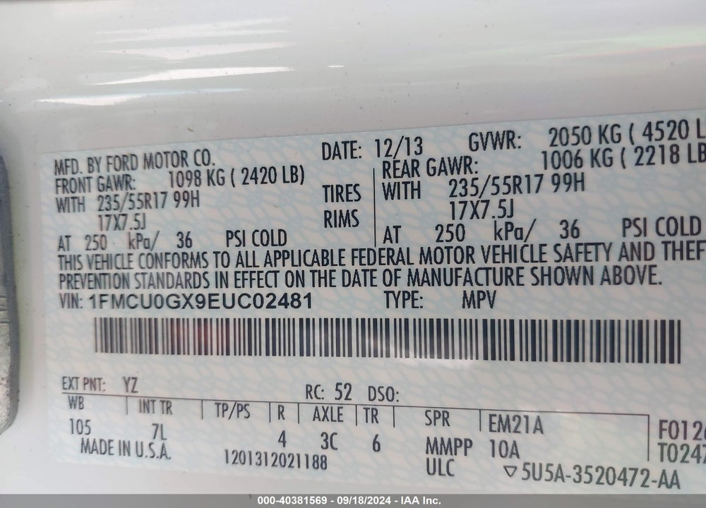2014 FORD ESCAPE SE VIN: 1FMCU0GX9EUC02481