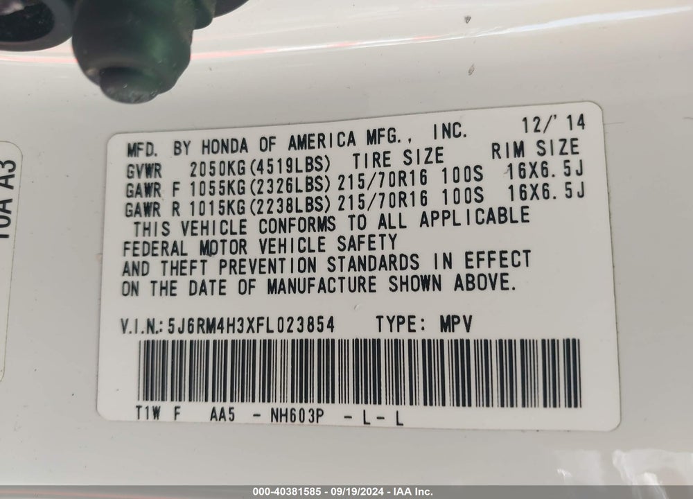 2015 HONDA CR-V LX VIN: 5J6RM4H3XFL023854
