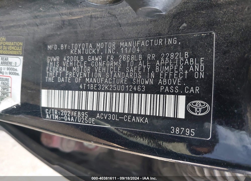 2005 TOYOTA CAMRY LE VIN: 4T1BE32K25U012463