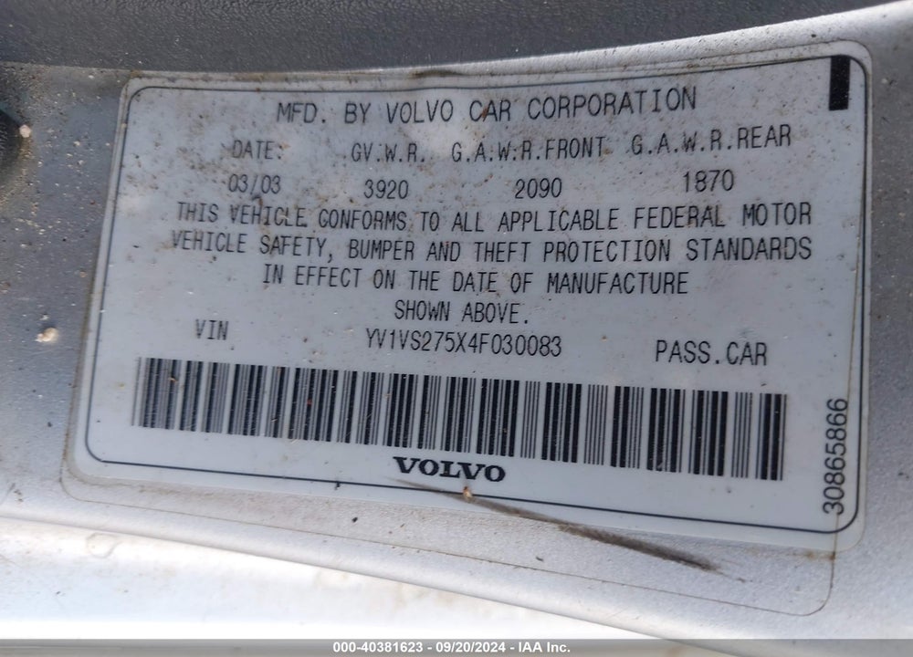 2004 VOLVO S40 A/LSE VIN: YV1VS275X4F030083