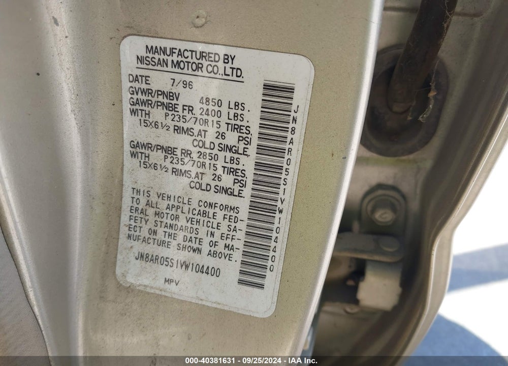 1997 NISSAN PATHFINDER LE/XE VIN: JN8AR05S1VW104400