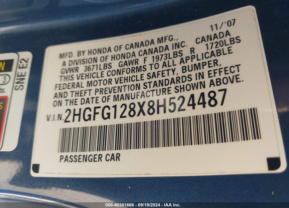 2008 HONDA CIVIC EX VIN: 2HGFG128X8H524487