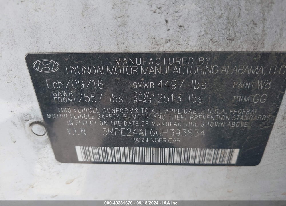 2016 HYUNDAI SONATA VIN: 5NPE24AF6GH393834
