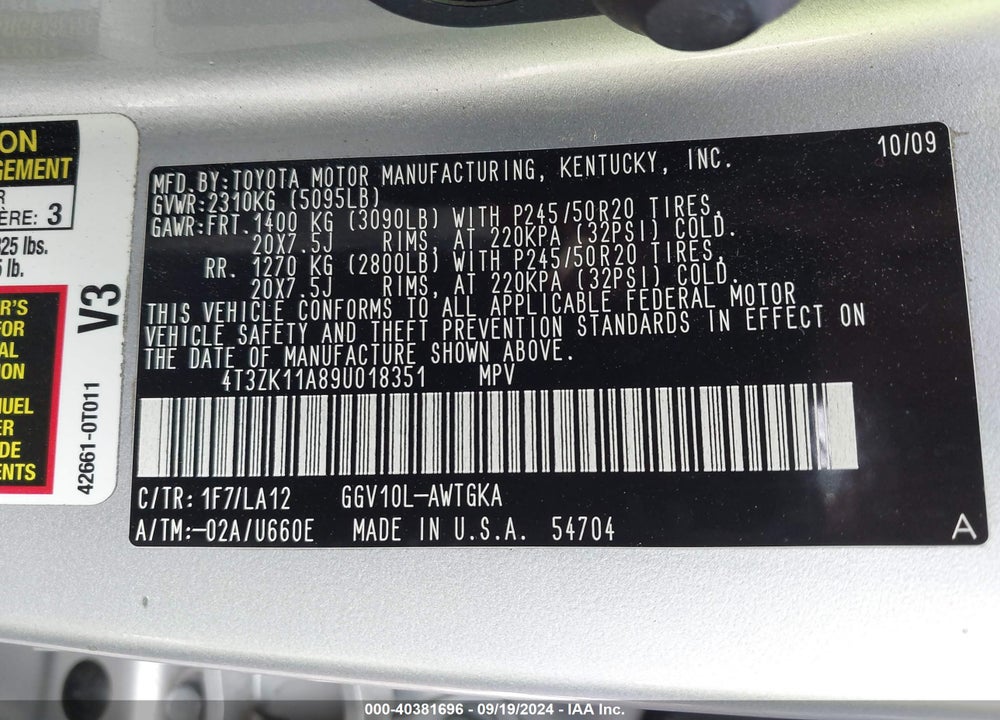 2009 TOYOTA VENZA VIN: 4T3ZK11A89U018351