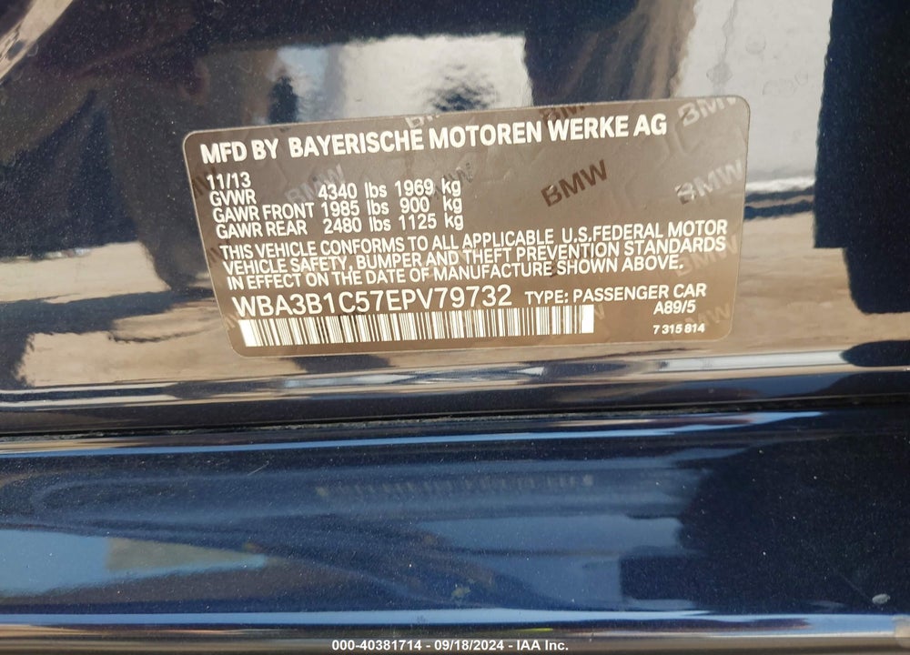 2014 BMW 320I VIN: WBA3B1C57EPV79732