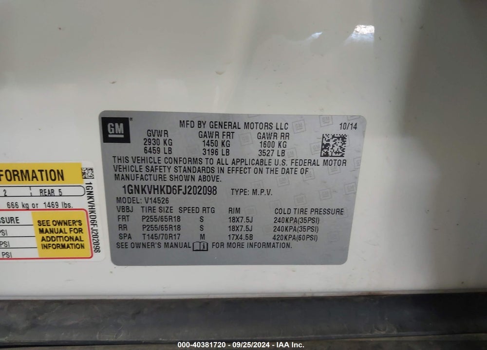 2015 CHEVROLET TRAVERSE 2LT VIN: 1GNKVHKD6FJ202098