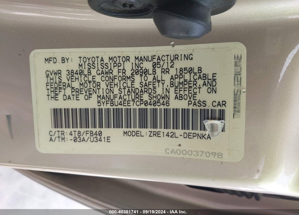 2012 TOYOTA COROLLA LE VIN: 5YFBU4EE7CP040546
