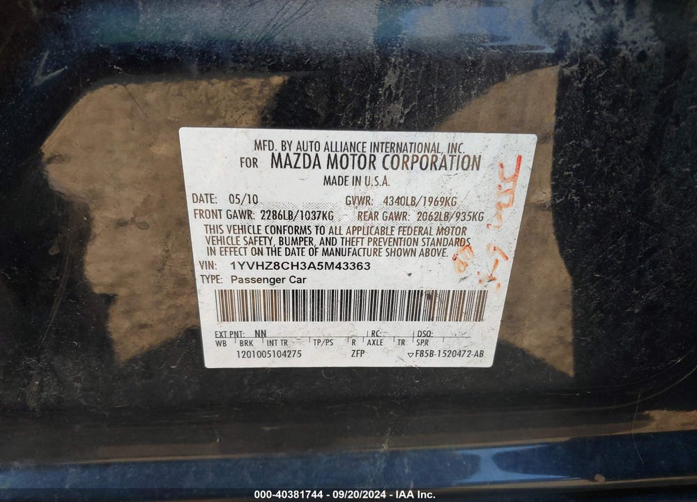 2010 MAZDA 6 I TOURING VIN: 1YVHZ8CH3A5M43363