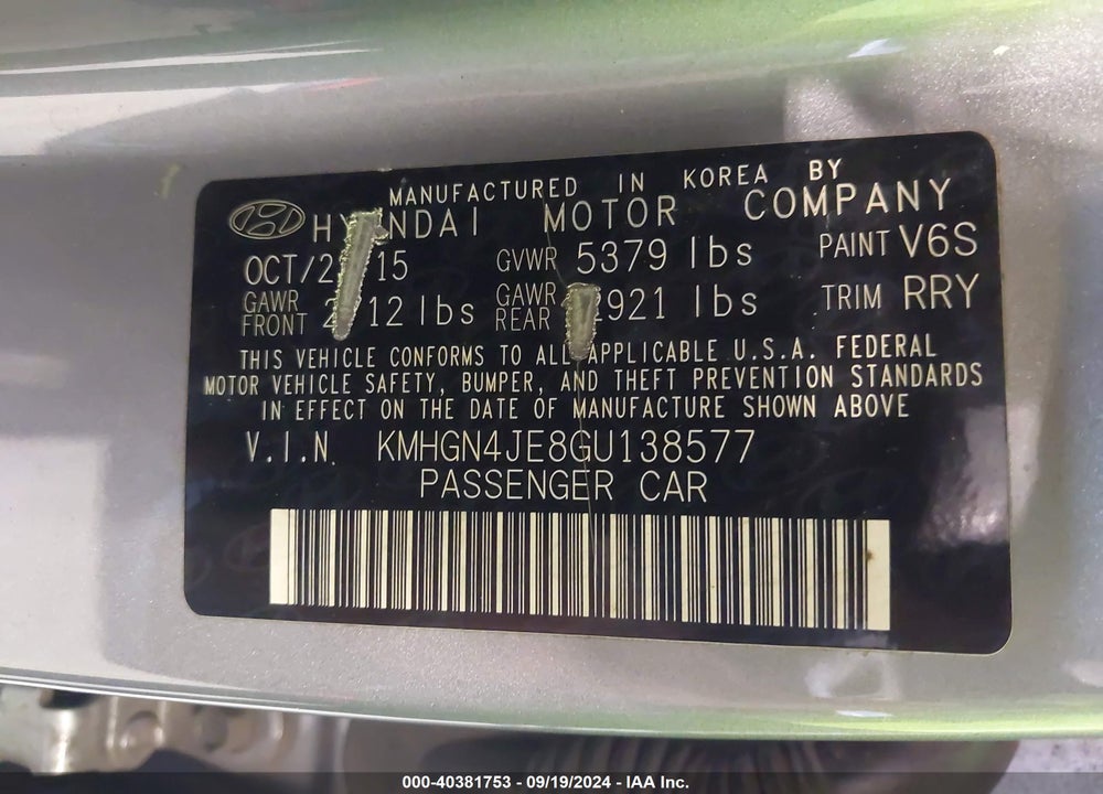 2016 HYUNDAI GENESIS 3.8 VIN: KMHGN4JE8GU138577