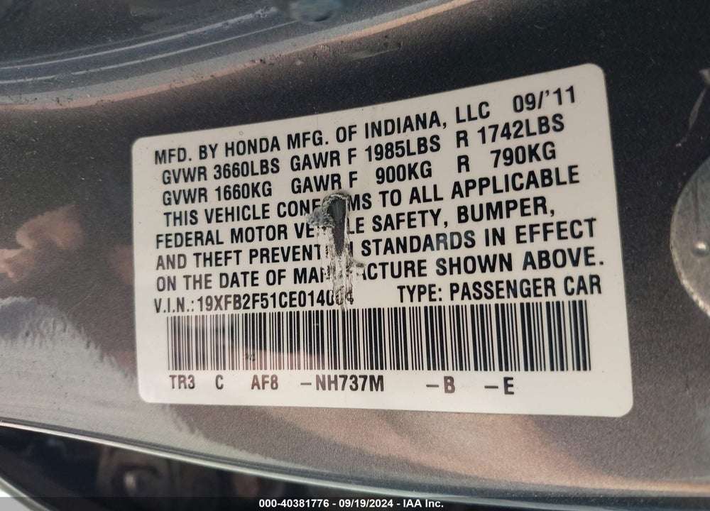 2012 HONDA CIVIC LX VIN: 19XFB2F51CE014004