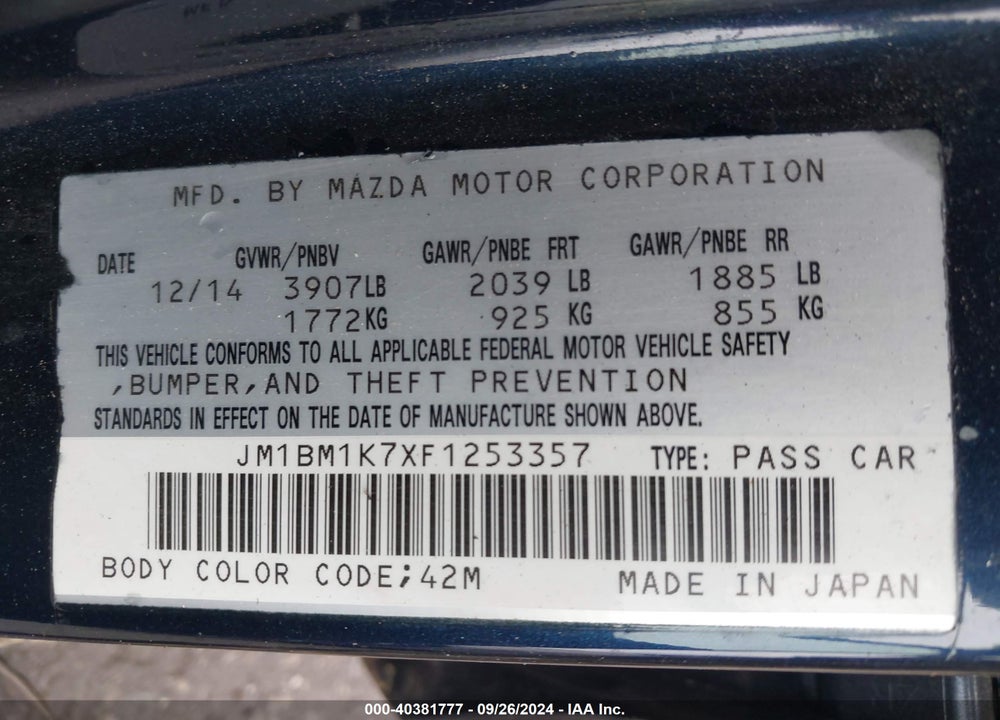 2015 MAZDA 3 VIN: JM1BM1K7XF1253357