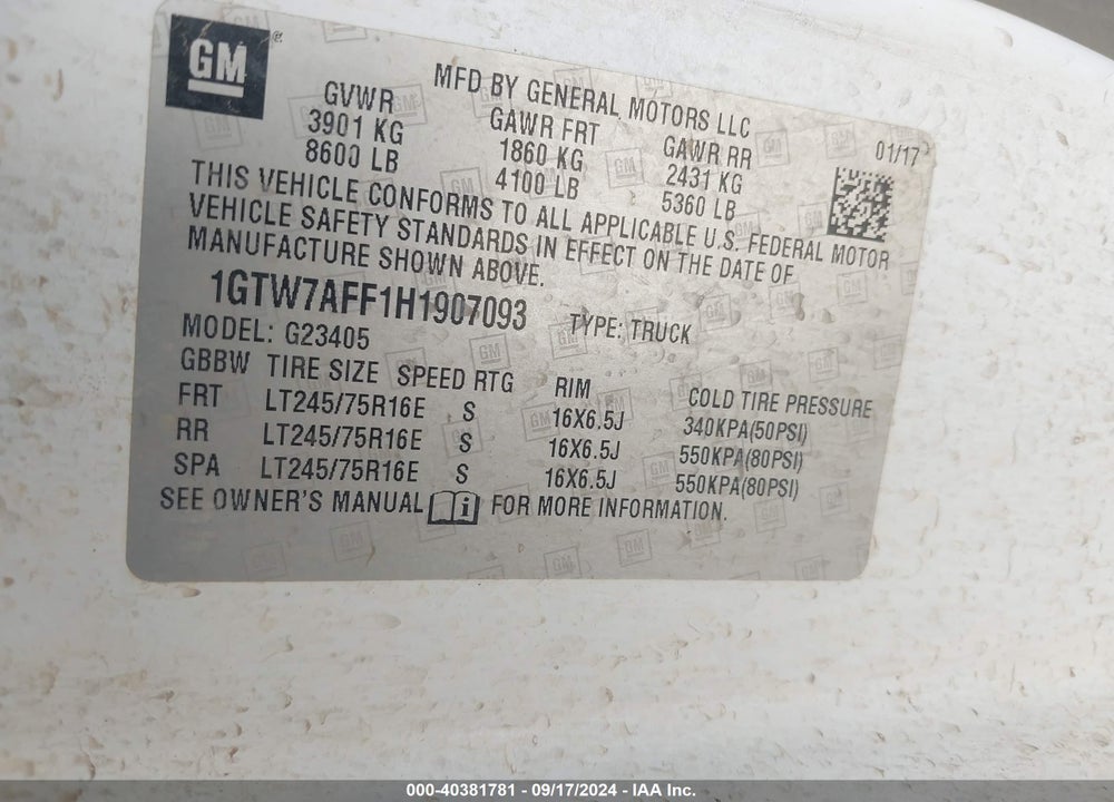 2017 GMC SAVANA 2500 WORK VAN VIN: 1GTW7AFF1H1907093
