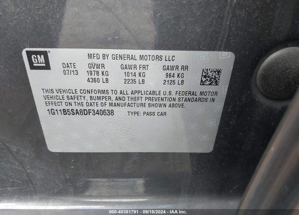 2013 CHEVROLET MALIBU 1LS VIN: 1G11B5SA8DF340638