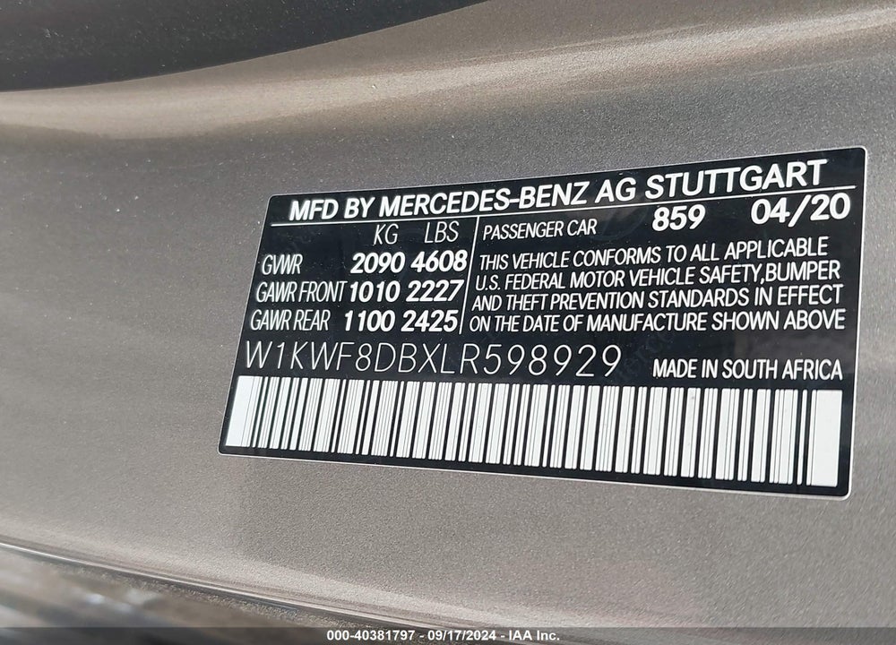 2020 MERCEDES-BENZ C 300 VIN: W1KWF8DBXLR598929