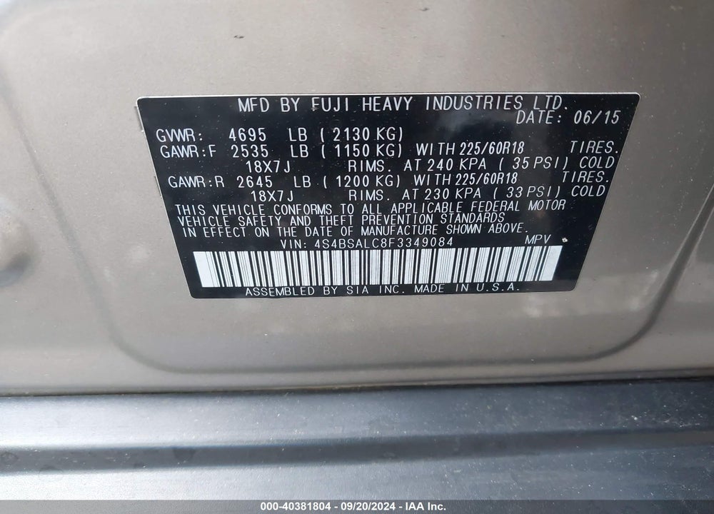 2015 SUBARU OUTBACK 2.5I LIMITED VIN: 4S4BSALC8F3349084