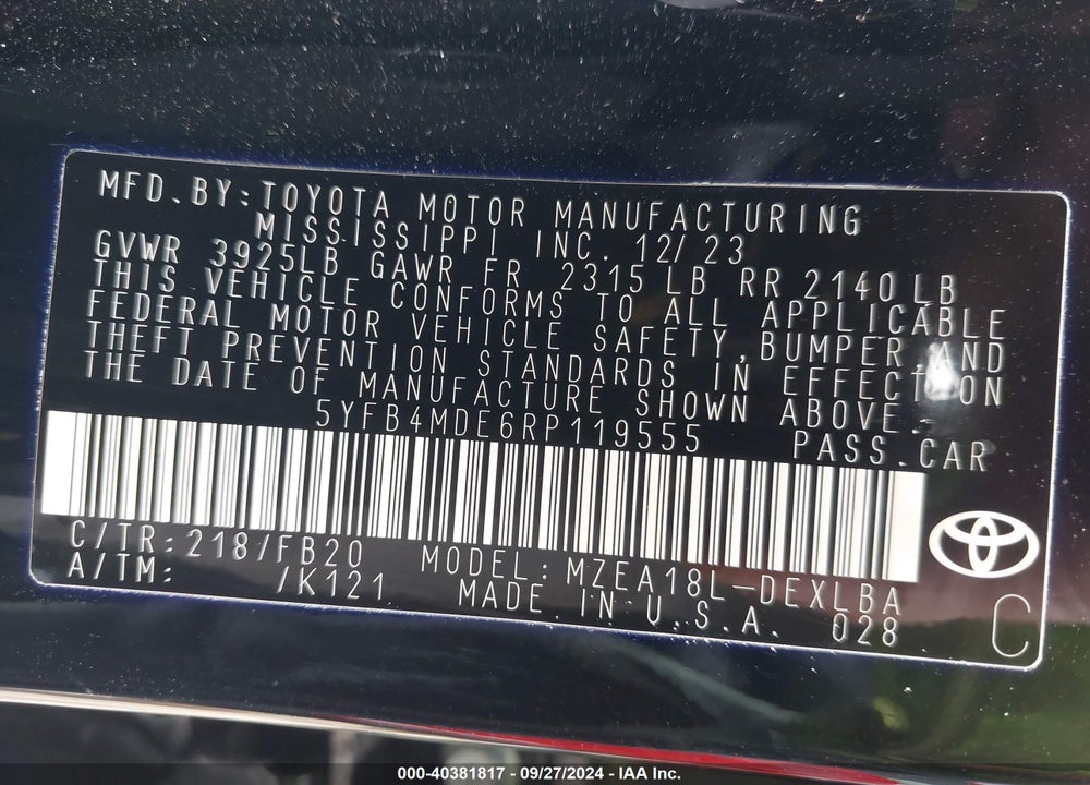 2024 TOYOTA COROLLA LE VIN: 5YFB4MDE6RP119555