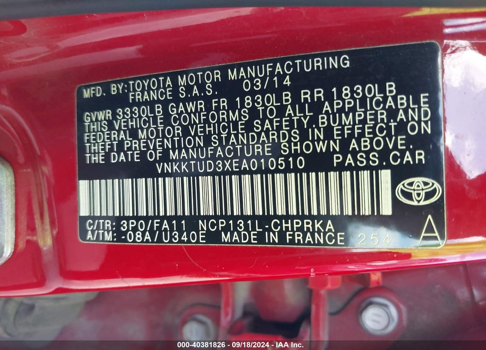 2014 TOYOTA YARIS L (TMMF PLANT) VIN: VNKKTUD3XEA010510