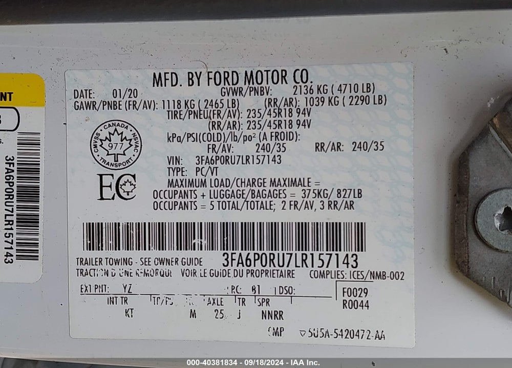2020 FORD FUSION HYBRID TITANIUM VIN: 3FA6P0RU7LR157143