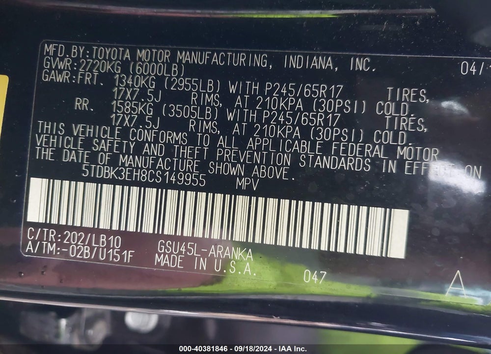 2012 TOYOTA HIGHLANDER SE V6 VIN: 5TDBK3EH8CS149955