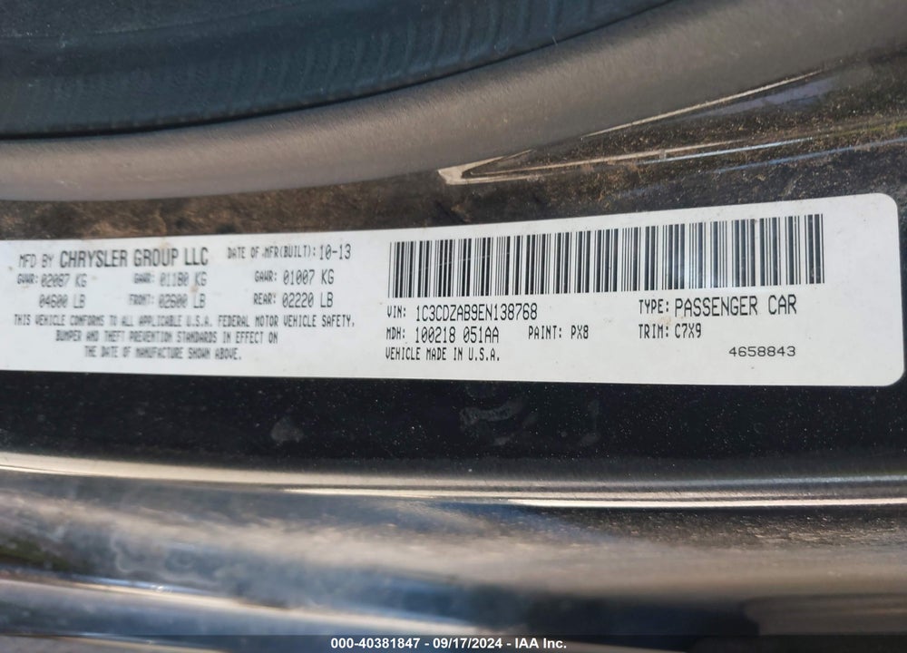 2014 DODGE AVENGER SE VIN: 1C3CDZAB9EN138768