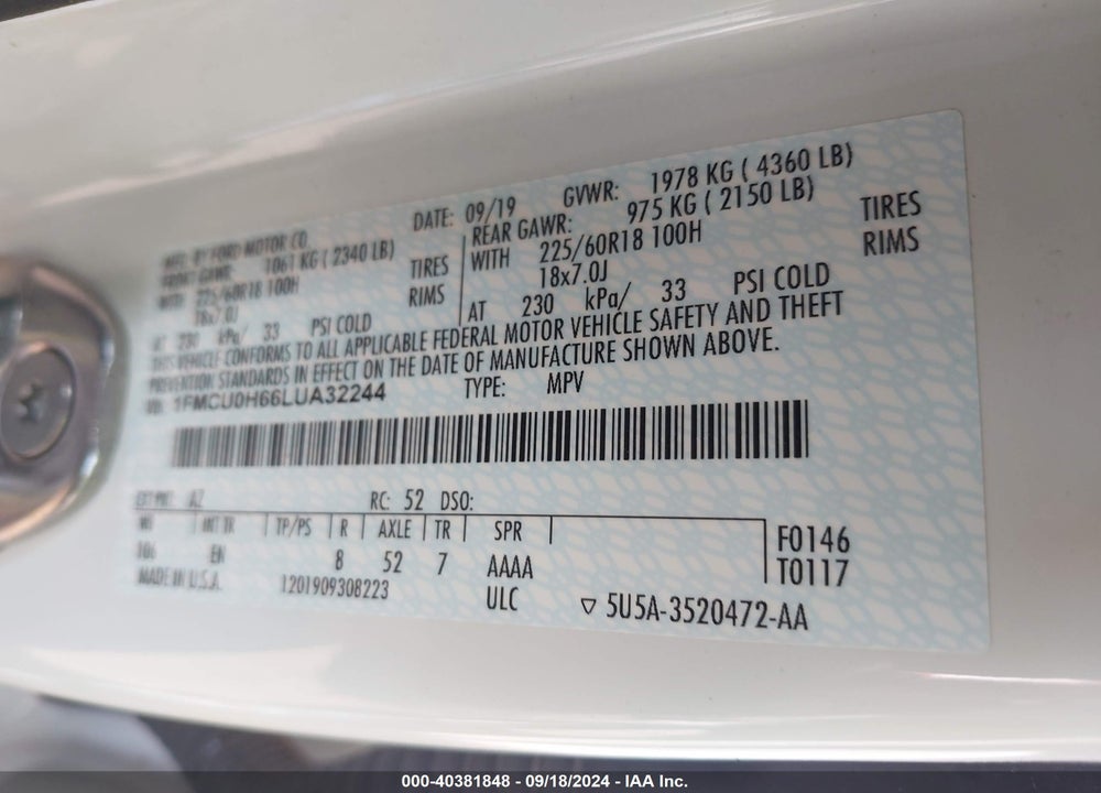 2020 FORD ESCAPE SEL VIN: 1FMCU0H66LUA32244