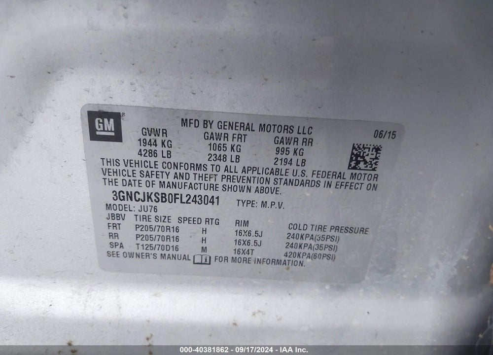 2015 CHEVROLET TRAX 1LS VIN: 3GNCJKSB0FL243041