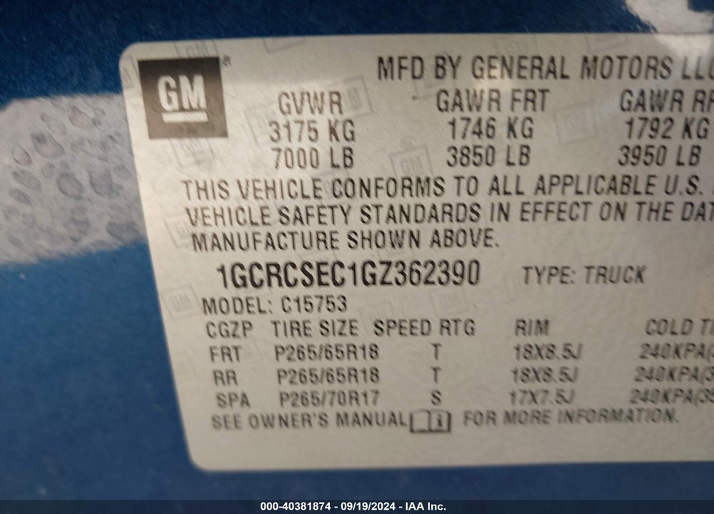 2016 CHEVROLET SILVERADO 1500 1LZ VIN: 1GCRCSEC1GZ362390