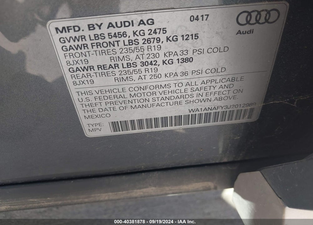 2018 AUDI Q5 VIN: WA1ANAFY3J2012989