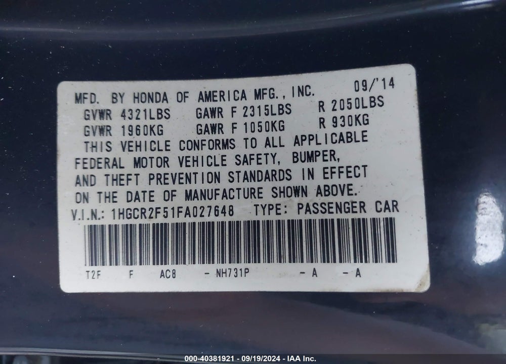 2015 HONDA ACCORD VIN: 1HGCR2F51FA027648