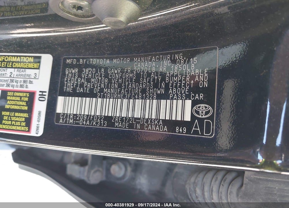 2015 TOYOTA COROLLA S PLUS VIN: 2T1BURHE3FC481328